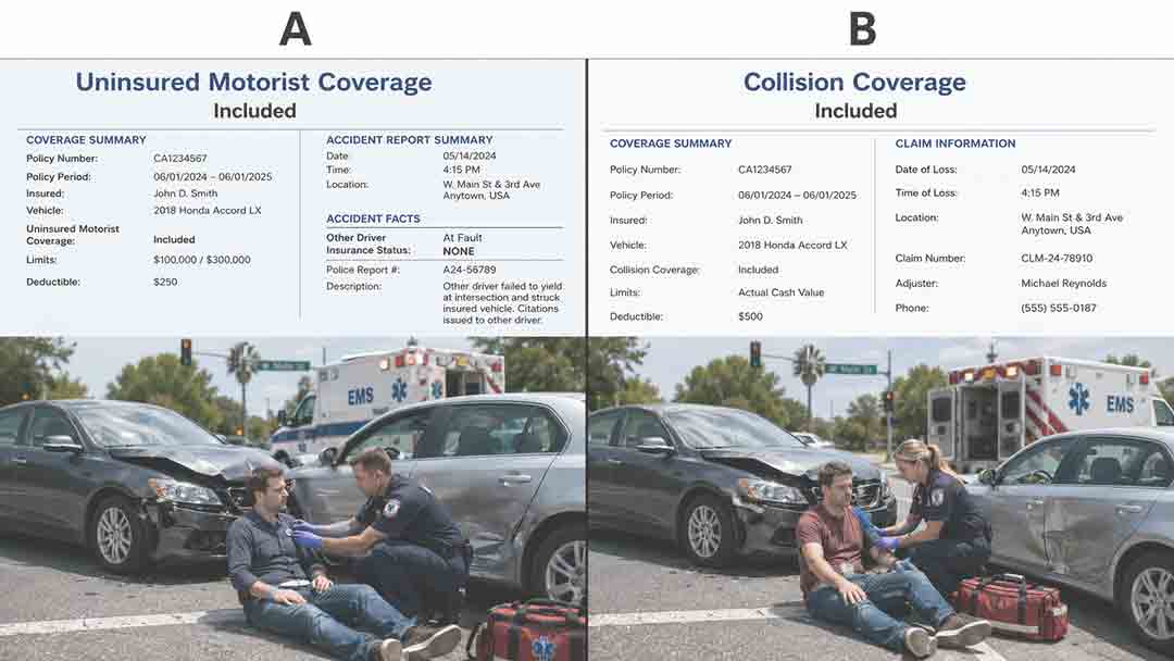 According to the accident file and policy shown, which coverage is most directly relevant to the uninsured-driver issue?